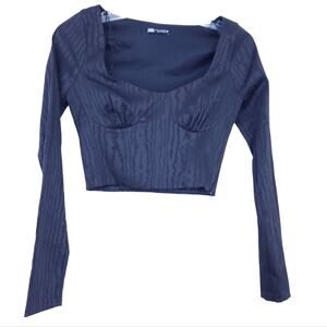 Zara Black Crop Top XS Long Sleeve Shirt Festival Boho Top Damask Tonal Pattern